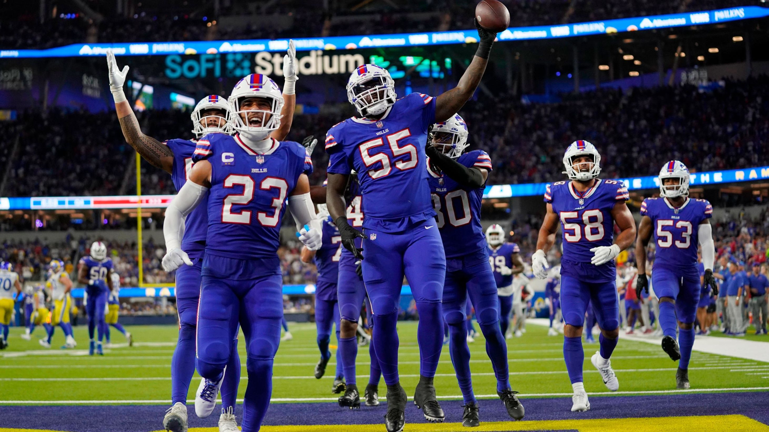 Members of the Buffalo Bills celebrate after Boogie Basham (No. 55) intercepted a pass in the team's win over the Los Angeles Rams on Thursday, September 8. The Bills knocked off the defending champions 31-10 in what was the first game of the regular season.