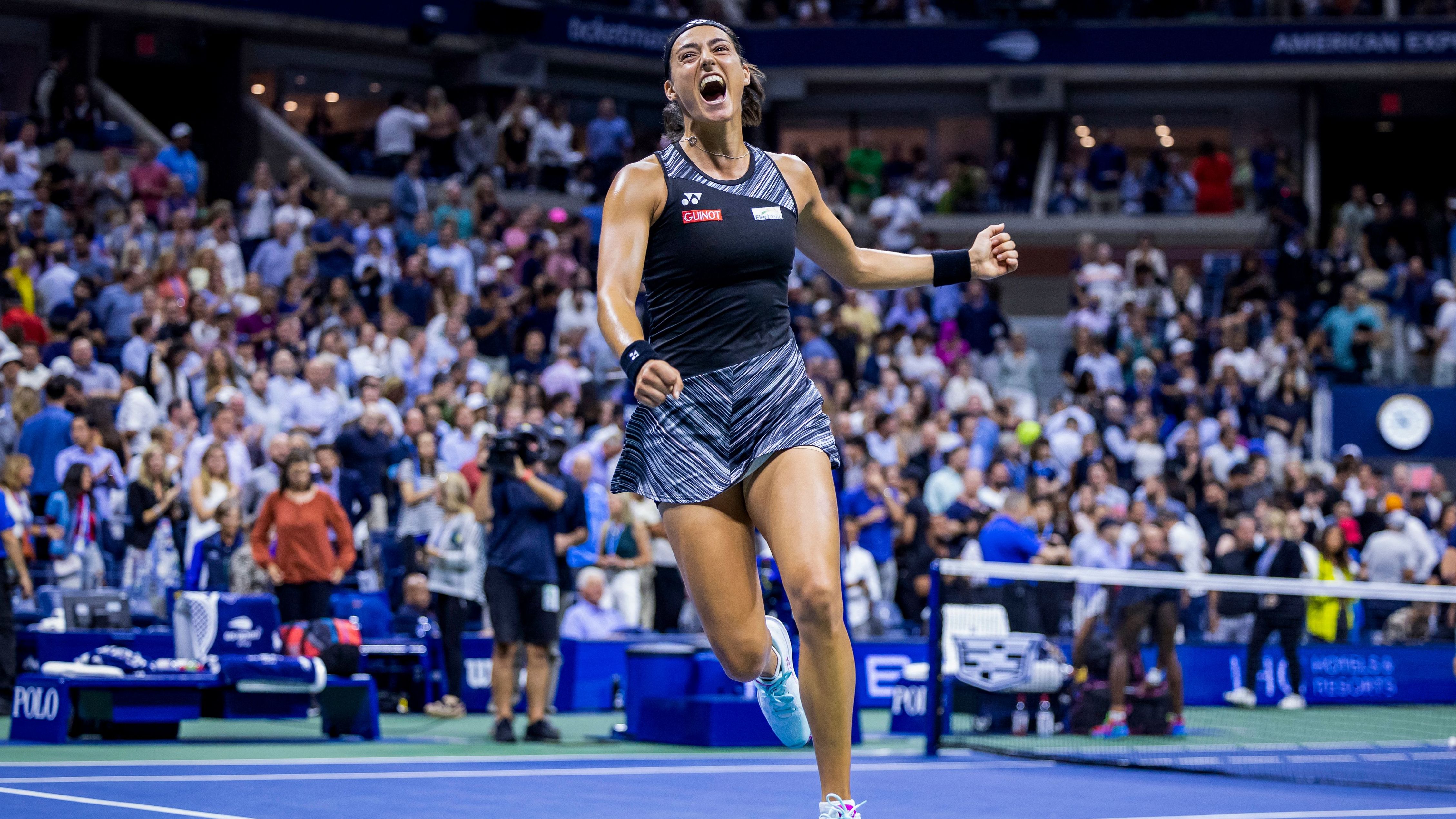 French tennis player Caroline Garcia celebrates after defeating Coco Gauff in the US Open quarterfinals on Tuesday, September 6.