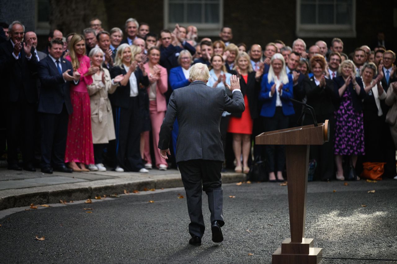 <a href="https://www.cnn.com/2019/07/23/uk/gallery/boris-johnson/index.html" target="_blank">Boris Johnson</a> waves to supporters outside No. 10 Downing Street before formally resigning as Britain's prime minister on Tuesday, September 6. He announced in July that he would be stepping down following a series of political crises.