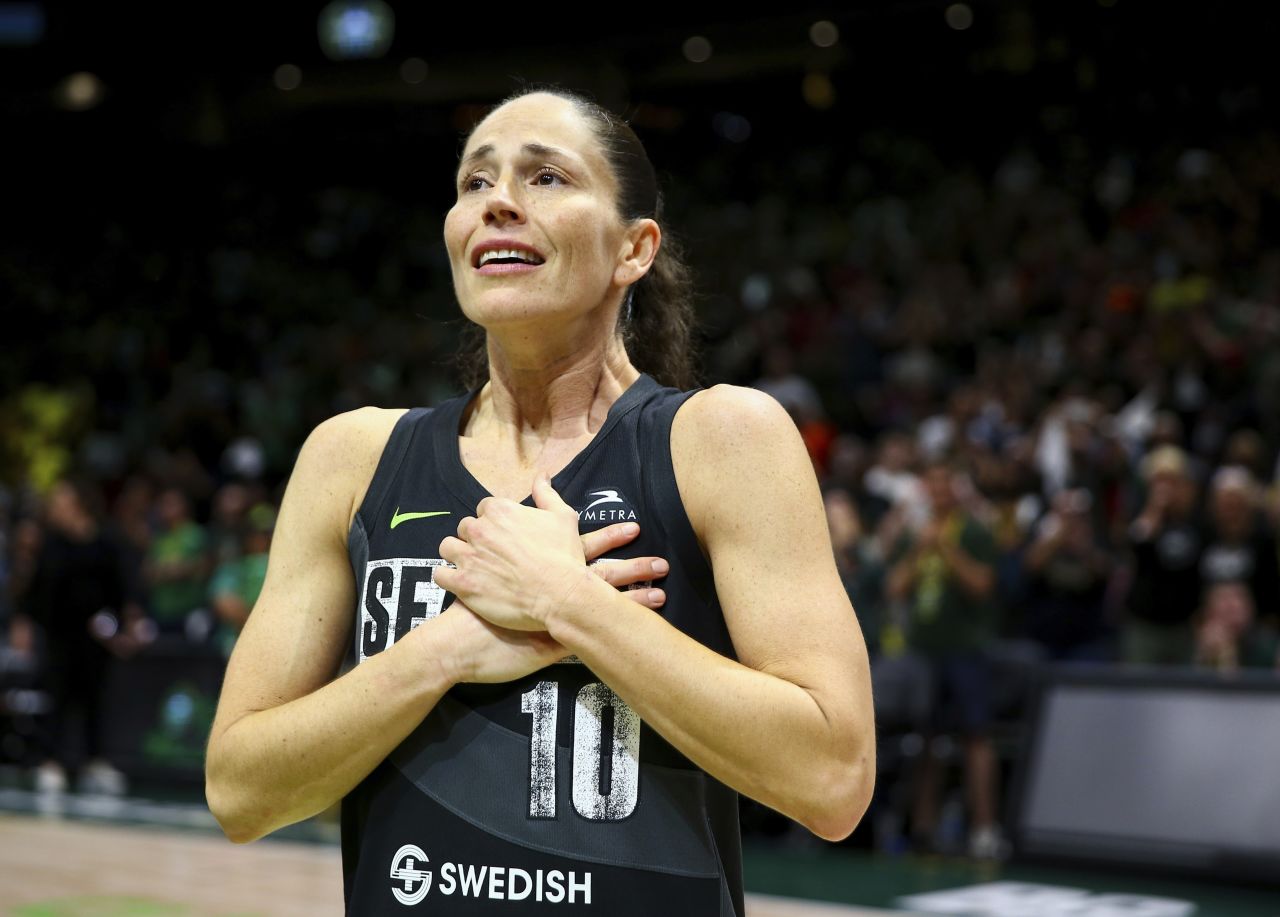 Seattle guard Sue Bird reacts to fans chanting "Thank you, Sue" after the Storm were eliminated from the WNBA playoffs on Tuesday, September 6. Bird, one of the best women's basketball players in history, is retiring after this season.