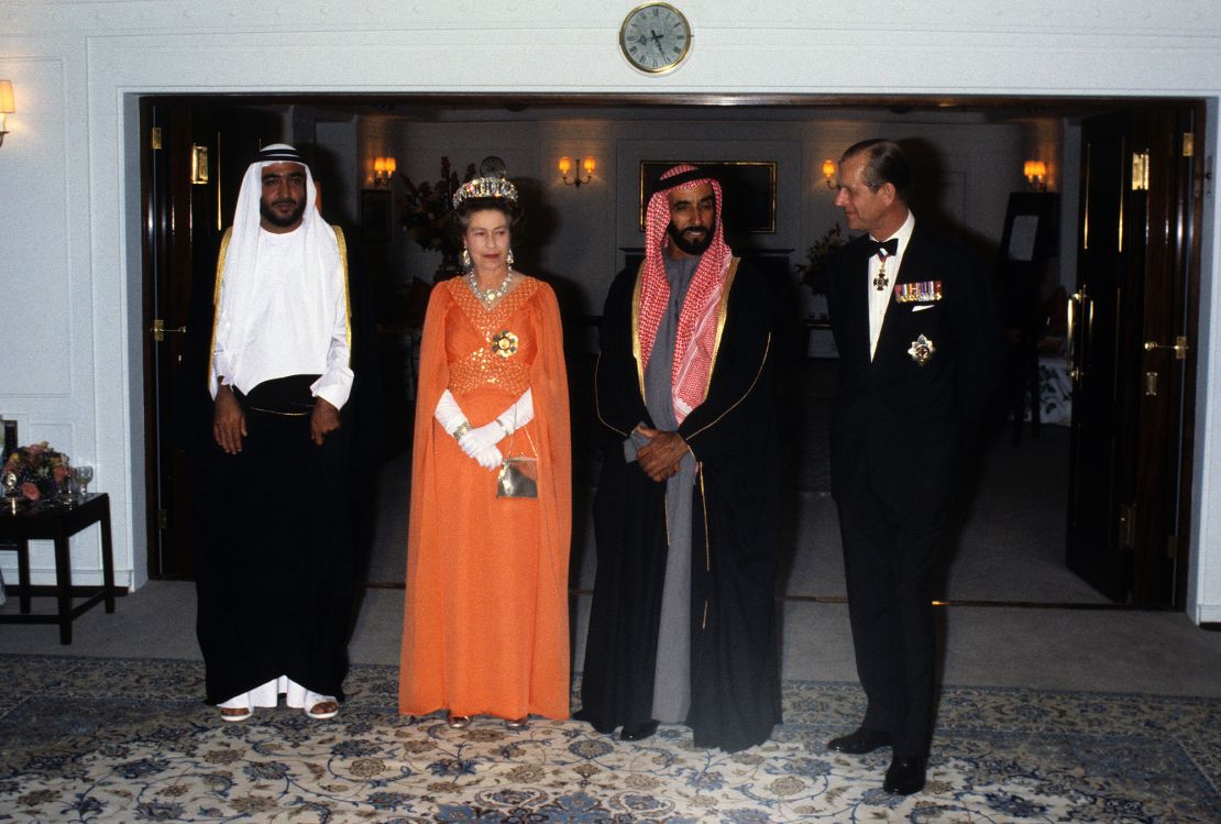 Queen Elizabeth ll and Prince Philip entertain Sheikh Zayed of Abu Dhabi on board the Royal Yacht Britannia during a State Visit to the Gulf States on February 25, 1979 in the UAE. 