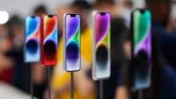 New iPhone 14 models are on display at an Apple event on the campus of Apple's headquarters in Cupertino, Calif., Wednesday, Sept. 7, 2022. (AP Photo/Jeff Chiu)