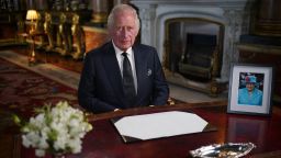 Britain's King Charles III delivers his address to the nation and the Commonwealth from Buckingham Palace, London, Friday, Sept. 9, 2022, following the death of Queen Elizabeth II on Thursday. (Yui Mok/Pool Photo via AP)
