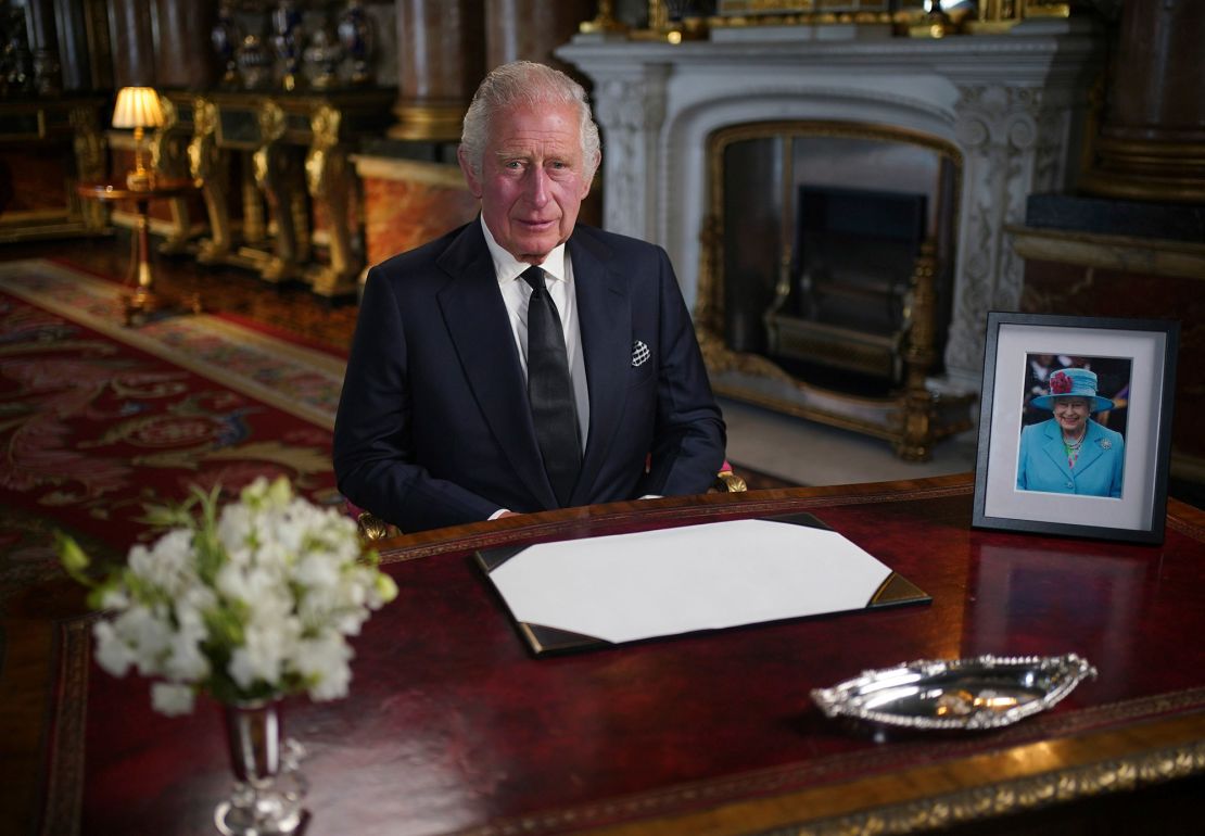 Britain's King Charles III delivers his address to the nation and the Commonwealth from Buckingham Palace, London, Friday, September 9, 2022.
