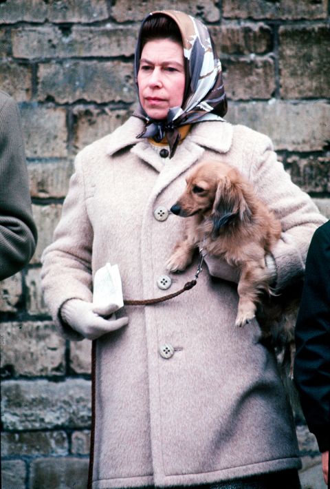 The Queen holds one of her favorite dogs at the Badminton Horse Trials in South Gloucestershire, England, in 1976. 