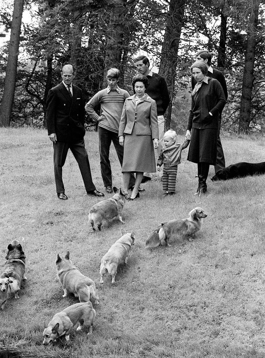 The royal family strolls the grounds of Balmoral Castle in 1979.
