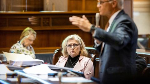 South Carolina Senator Katrina Fry Seely listens as she debates a new abortion ban in the state legislature in Columbia, South Carolina, USA, Sept. 8, 2022.  