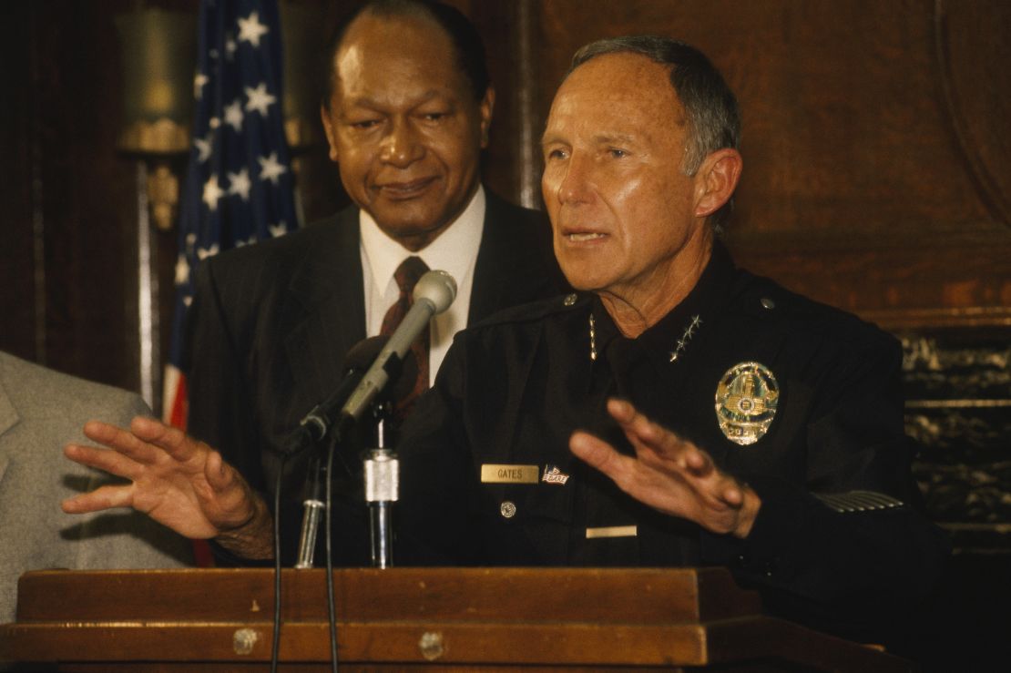 Los Angeles Mayor Tom Bradley and chief of Los Angeles police Daryl Gates during a press conference concerning the L.A. uprisings on May 01, 1992.