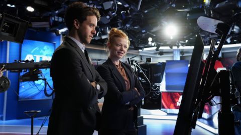 Ashley Zukerman and Sarah Snook on the set of ATN in "Succession."
