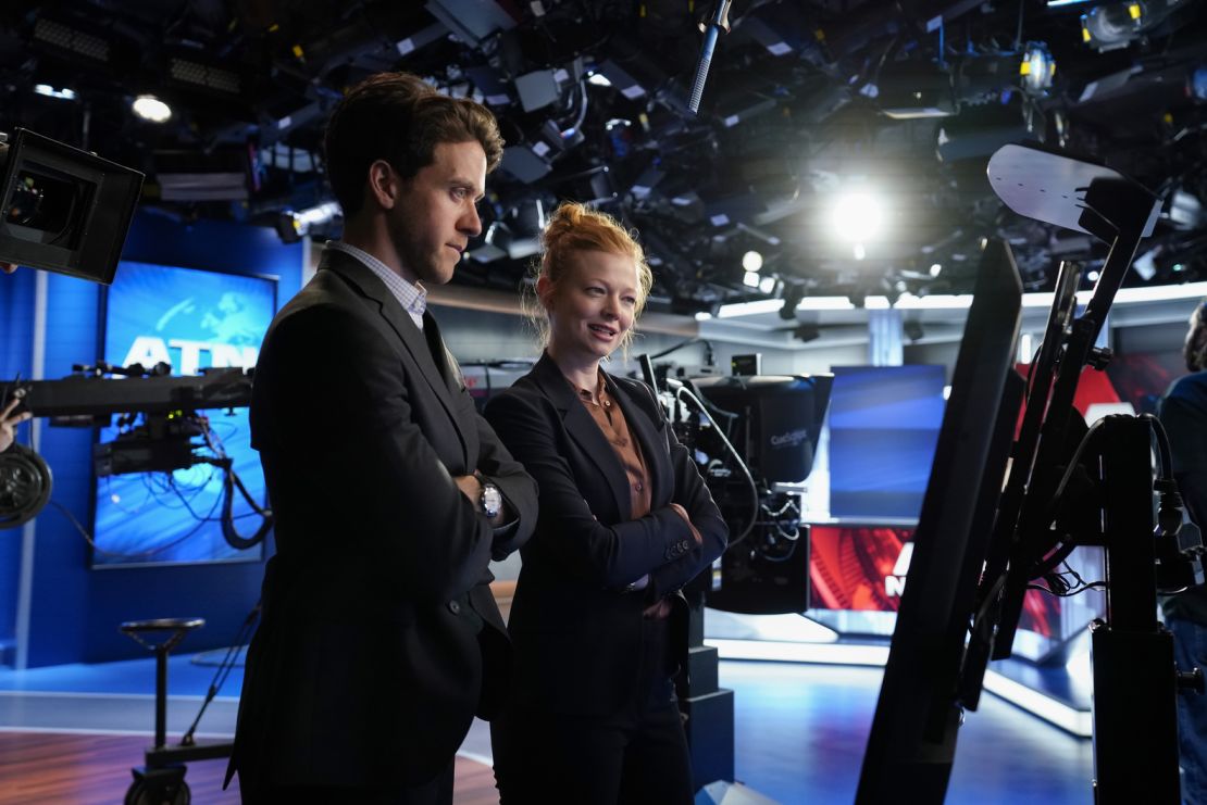 Ashley Zukerman and Sarah Snook on the set of ATN in "Succession."
