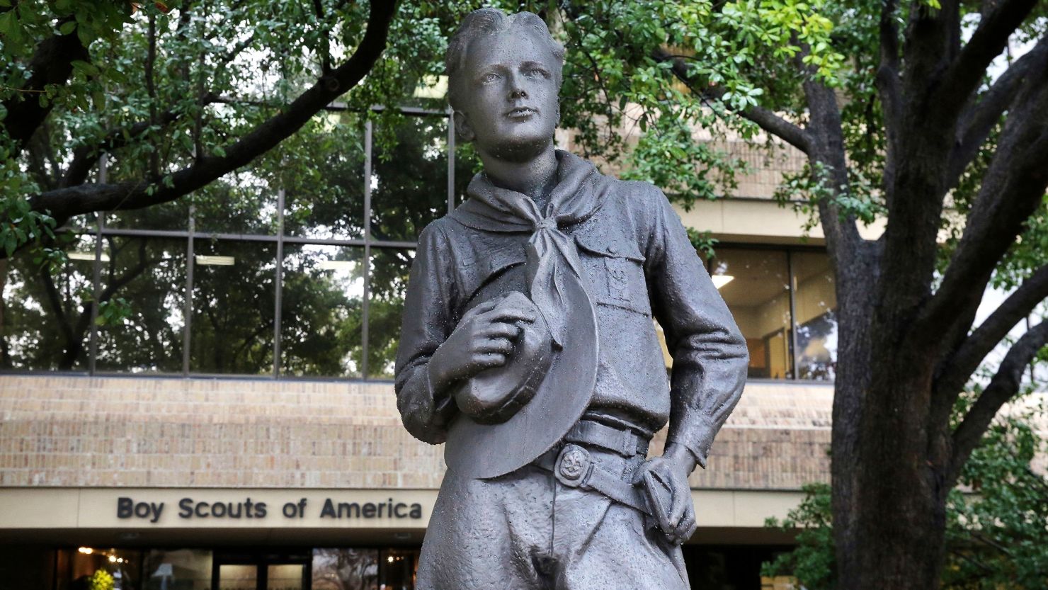 A statue stands outside the Boy Scouts of America headquarters in Irving, Texas, in February 2020.
