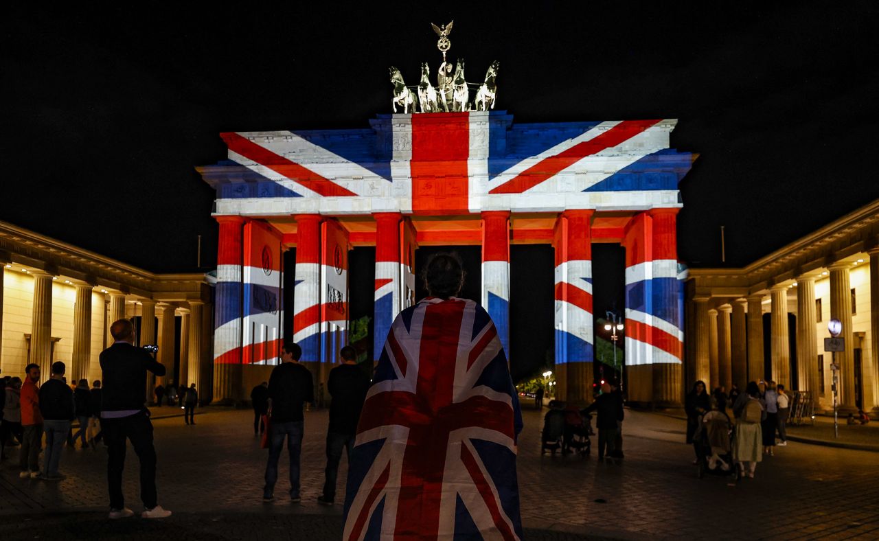 The Brandenburg Gate in Berlin is lit up with the Union Flag in honor of Britain's Queen Elizabeth II on Friday, September 9.