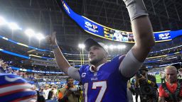 Quarterback Josh Allen #17 of the Buffalo Bills reacts after defeating the Los Angeles Rams 31-10 in the NFL game at SoFi Stadium on September 08, 2022 in Inglewood, California. 