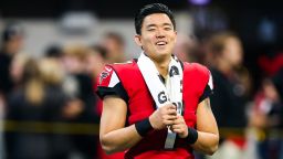 Younghoe Koo #7 of the Atlanta Falcons looks on prior to a game against the Tampa Bay Buccaneers at Mercedes-Benz Stadium on November 24, 2019 in Atlanta, Georgia. 