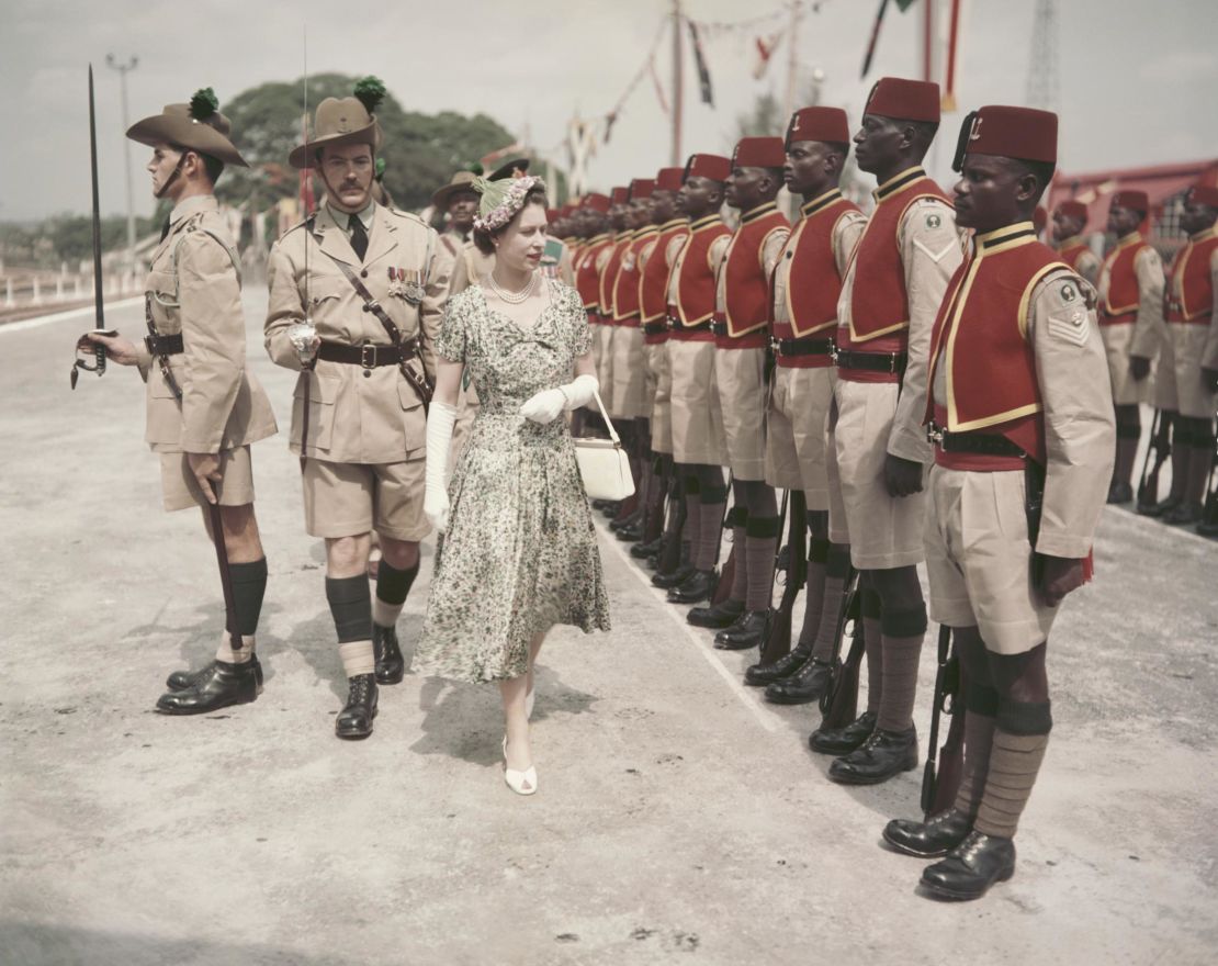 Queen Elizabeth II inspects men of the newly-renamed Queen's Own Nigeria Regiment, Royal West African Frontier Force, at Kaduna Airport, Nigeria, during her Commonwealth Tour, on February 2, 1956.