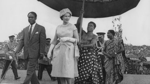 Queen Elizabeth II on her way to the Kumasi Durbah with Kwame Nkrumah, President of Ghana, during her tour of Ghana, November 1961.