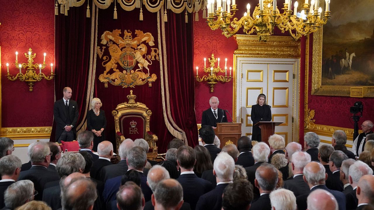 Britain's Prince William, Camilla, the Queen Consort, King Charles III and Lord President of the Council Penny Mordaunt stood before Privy Council members in the Throne Room during the Accession Council.