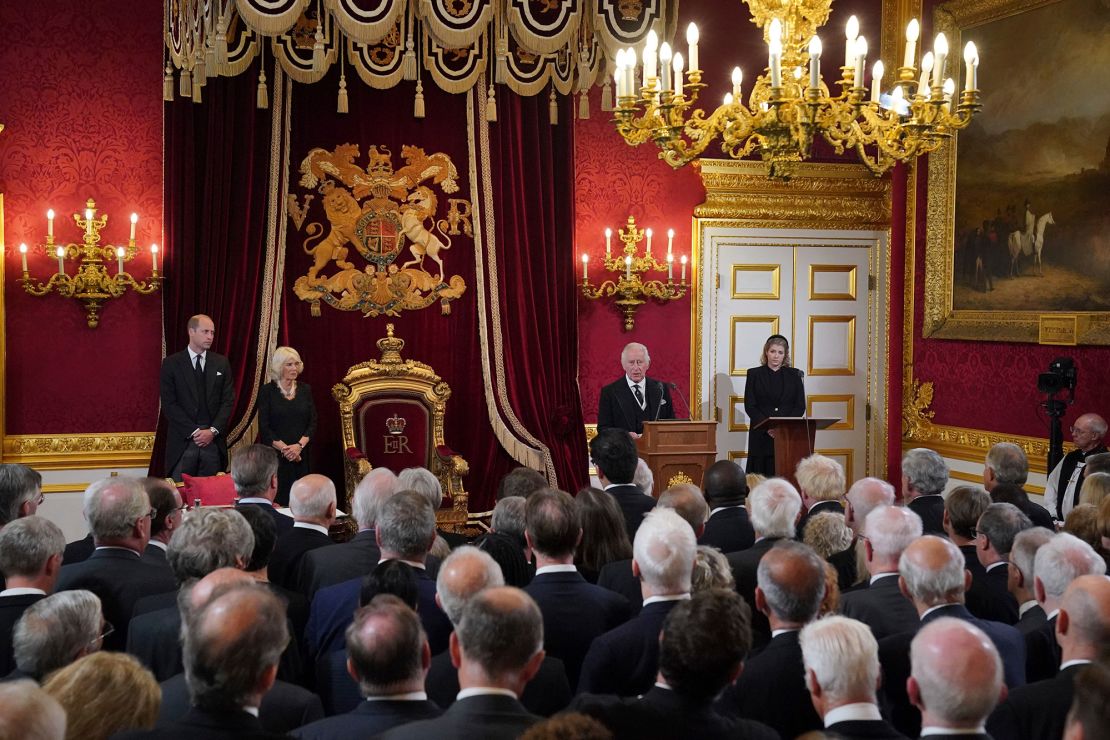 Britain's Prince William, Camilla, the Queen Consort, King Charles III and Lord President of the Council Penny Mordaunt stood before Privy Council members in the Throne Room during the Accession Council.