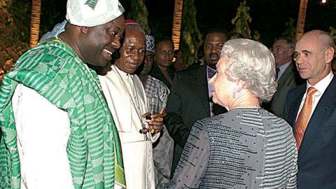 Nigerian magazine publisher Dele Momodu met Queen Elizabeth on a 2003 state visit to Abuja, Nigeria.