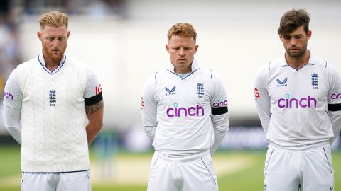 England players Ben Stokes (left), Ollie Pope (centre) and Ben Foakes observe a minute's silence following the death of Queen Elizabeth II on Thursday.