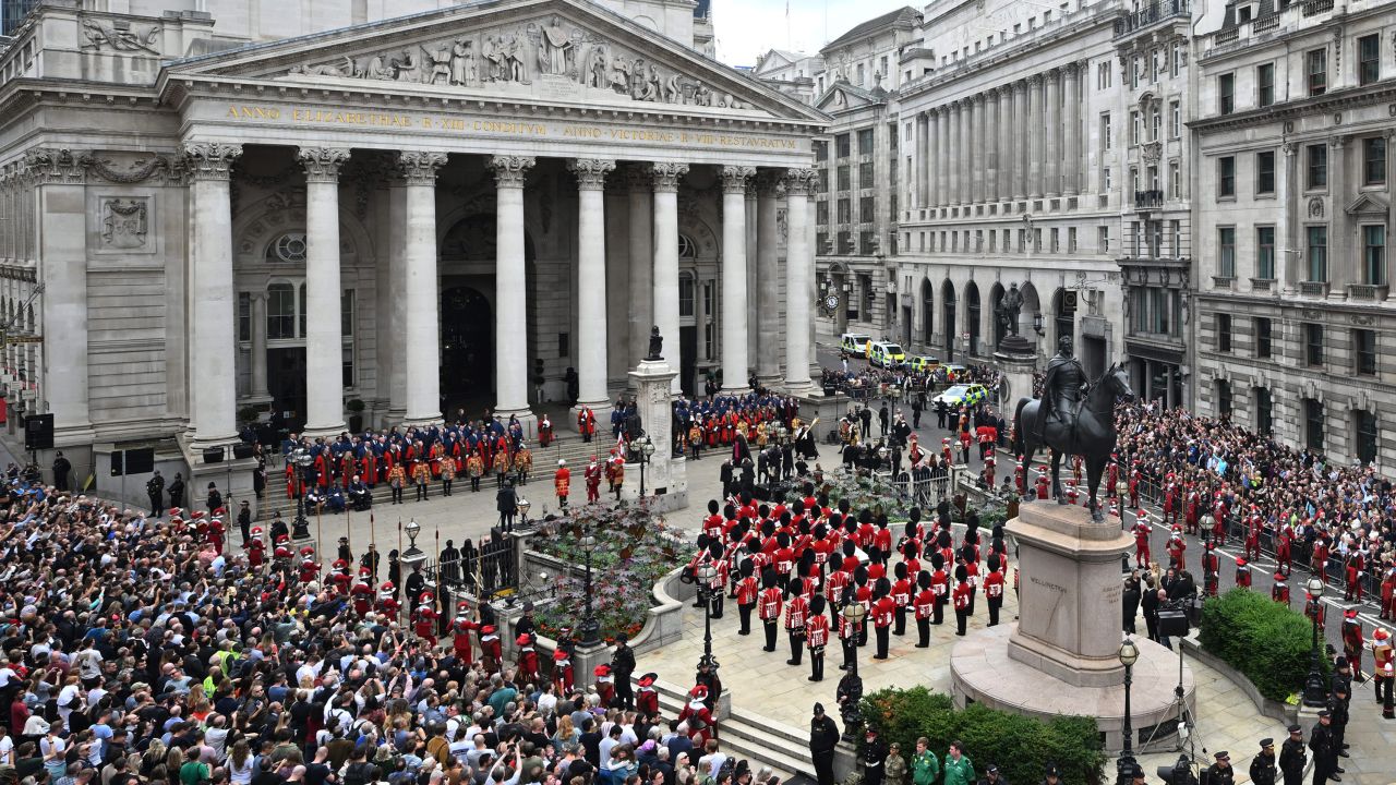 The Band of the Honourable Artillery Company wait outside the Royal Exchange prior to the second Proclamation in the City of London.