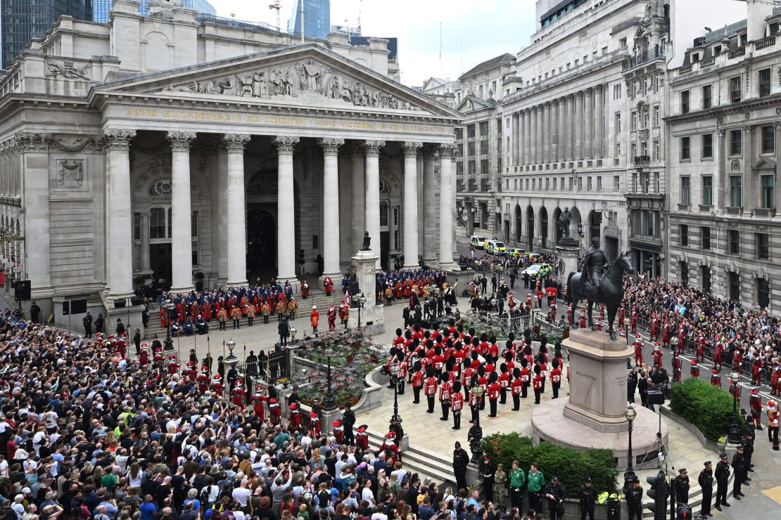 The Band of the Honourable Artillery Company wait outside the Royal Exchange prior to the second Proclamation in the City of London.