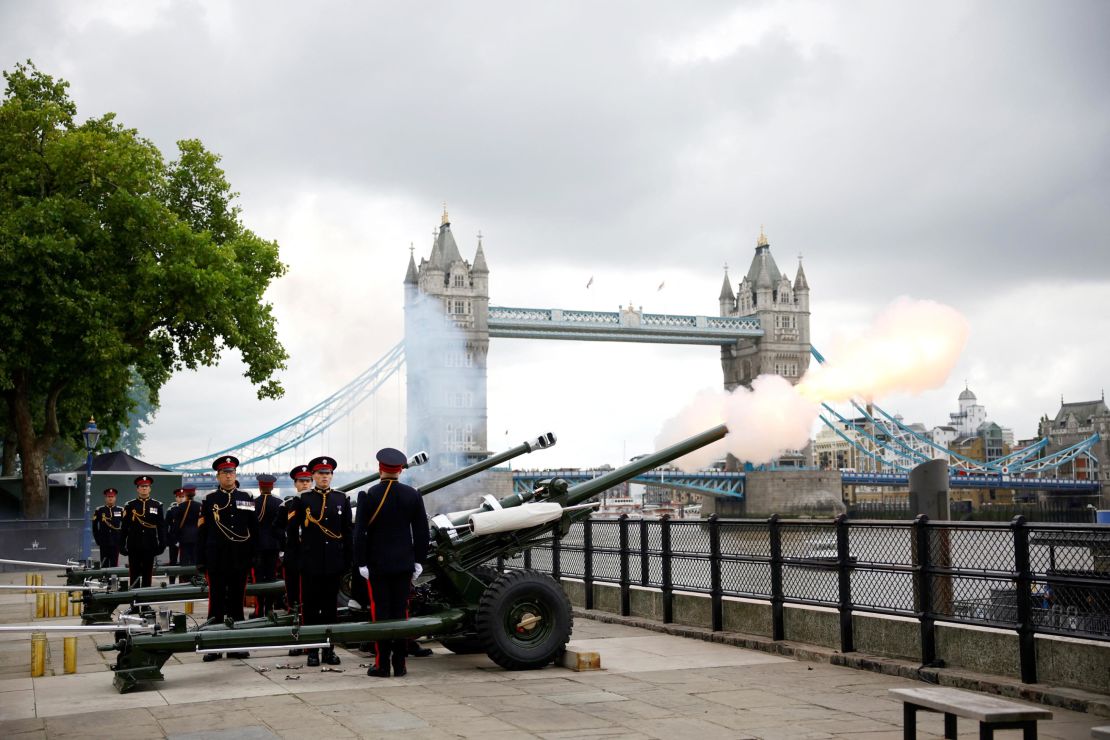 A gun salute is fired Saturday for Britain's King Charles at the Tower of London, following the death of Queen Elizabeth.