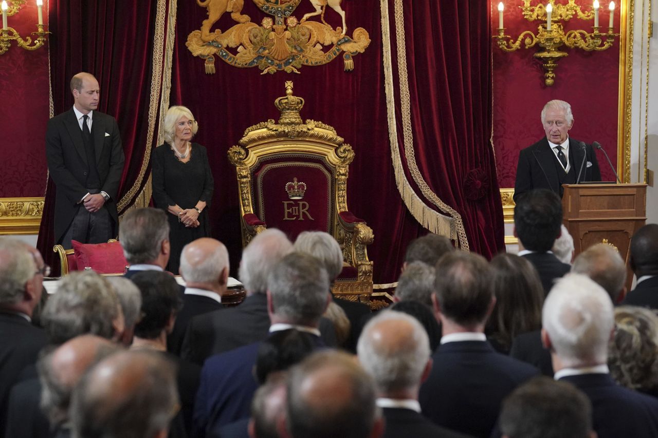 Britain's King Charles III speaks in the Throne Room at St. James's Palace during <a href=