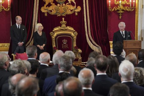 King Charles III speaks in the Throne Room at St James's Palace during the Accession Council in London on Saturday. Joining him were his son Prince William and his wife Camilla, the Queen Consort.