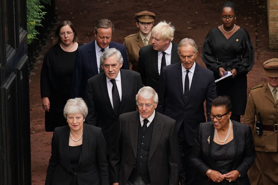 (Front L to R) Britain's former Prime Ministers Theresa May, John Major, and Baroness Scotland, (Second row from L to R) Britain's former Prime Ministers Gordon Brown, Tony Blair, (third row from L to R) Britain's former Prime Ministers David Cameron and Boris Johnson, arrive for a meeting of the Accession Council inside St James's Palace in London on September 10, 2022, to proclaim King Charles III as the new King. - Britain's Charles III was officially proclaimed King in a ceremony on Saturday, a day after he vowed in his first speech to mourning subjects that he would emulate his "darling mama", Queen Elizabeth II who died on September 8. 