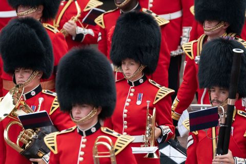 Members of the Coldstream Guards participate in a ceremony following Charles' proclamation at St. James's Palace.