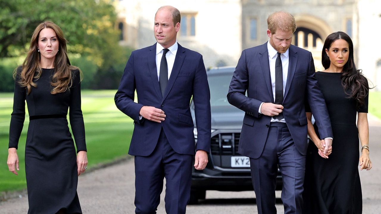 WINDSOR, ENGLAND - SEPTEMBER 10: Catherine, Princess of Wales, Prince William, Prince of Wales, Prince Harry, Duke of Sussex, and Meghan, Duchess of Sussex on the long Walk at Windsor Castle on September 10, 2022 in Windsor, England. Crowds have gathered and tributes left at the gates of Windsor Castle to Queen Elizabeth II, who died at Balmoral Castle on 8 September, 2022. (Photo by Chris Jackson - WPA Pool/Getty Images)