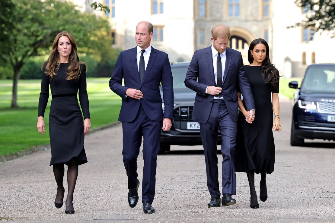 Catherine, Princess of Wales, Prince William, Prince Harry and Meghan, Duchess of Sussex on the long Walk at Windsor Castle on September 10, 2022.
