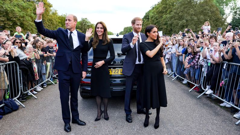 Harry and Meghan are joined by Prince William and Catherine, Princess of Wales, as they greet crowds outside Windsor Castle and view floral tributes to the late Queen Elizabeth II in September 2022. <a href="https://www.cnn.com/2022/09/14/uk/royal-news-newsletter-09-14-22-scli-gbr-cmd-intl/index.html" target="_blank">The appearance</a> was a surprise, not announced in advance. Screams erupted from royal fans as the four emerged, with many hoping the Queen's death would pave the way for a reconciliation between the brothers, whose tension is well-known.