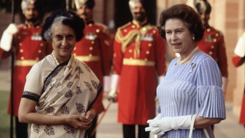 Queen Elizabeth II meets Indira Gandhi at Hyderabad House in Delhi, India, in 1983.