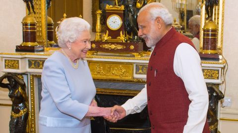 Queen Elizabeth II meets Indian Prime Minister Narendra Modi at Buckingham Palace in London, England in 2015. 
