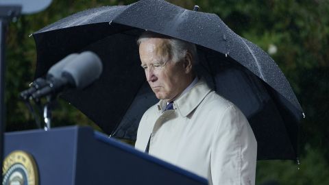 President Joe Biden stands during a moment of silence during a ceremony at the Pentagon on September 11, 2022, to honor and remember the victims of the 9/11 terror attacks.