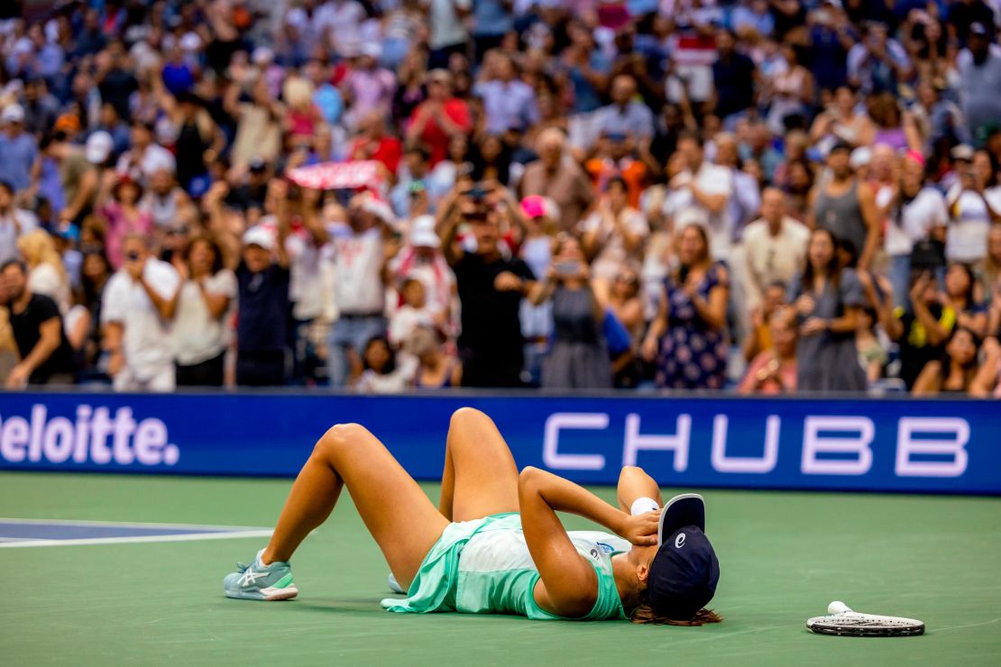 Swiatek reacts to her victory against Jabeur in the US Open final. 