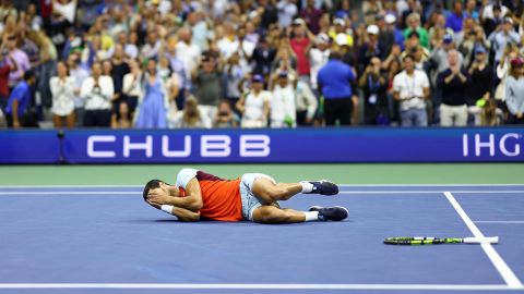 Carlos Alcaraz reacts after defeating Casper Ruud during their Men's Singles Final match of the 2022 US Open on September 11, 2022.