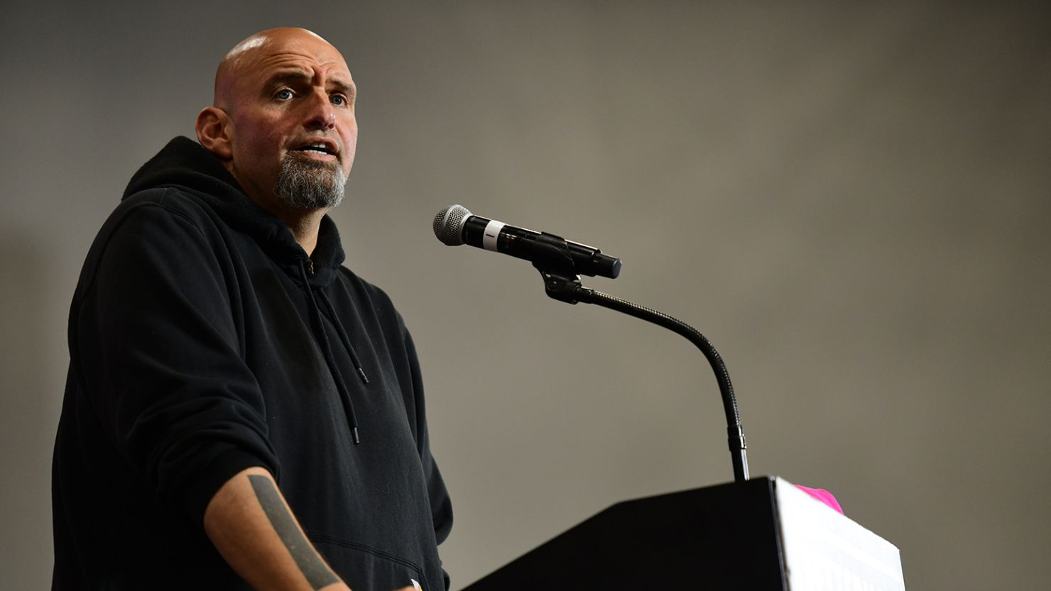 Democratic Pennsylvania Senate nominee John Fetterman holds a rally at Montgomery County Community College in Blue Bell, Pennsylvania, on September 11, 2022. 