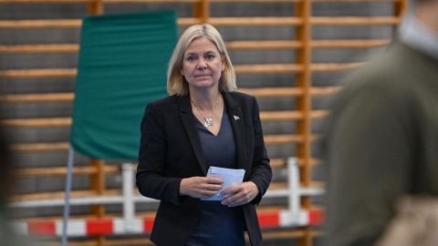 Swedish Prime Minister and leader of the Social Democrats Magdalena Andersson hands in her vote at a polling center in Nacka, near Stockholm, on September 11.