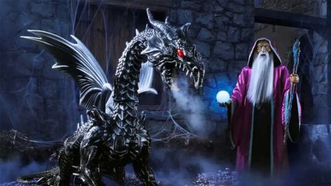 Home Accents Holiday 69 in Halloween Animatronic of an animated giant silver dragon
