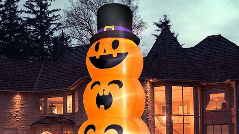 Turnmeon 12 Foot Giant Halloween Inflatables Stacked Pumpkins with Witch Hat