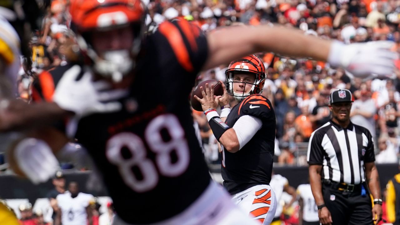 Cincinnati Bengals quarterback Joe Burrow throws during the first half against the Pittsburgh Steelers in Week 1 on September 11 in Cincinnati. Burrow would go on to have five turnovers on the day — four interceptions and a lost fumble — in a 23-20 loss.
