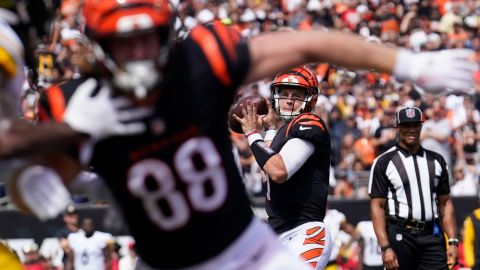 Cincinnati Bengals quarterback Joe Burrow (9) throws during the first half against the Pittsburgh Steelers in Week 1 on September 11 in Cincinnati. Burrow would go on to have five turnovers on the day -- four interceptions and a lost fumble -- in a 23-20 loss.