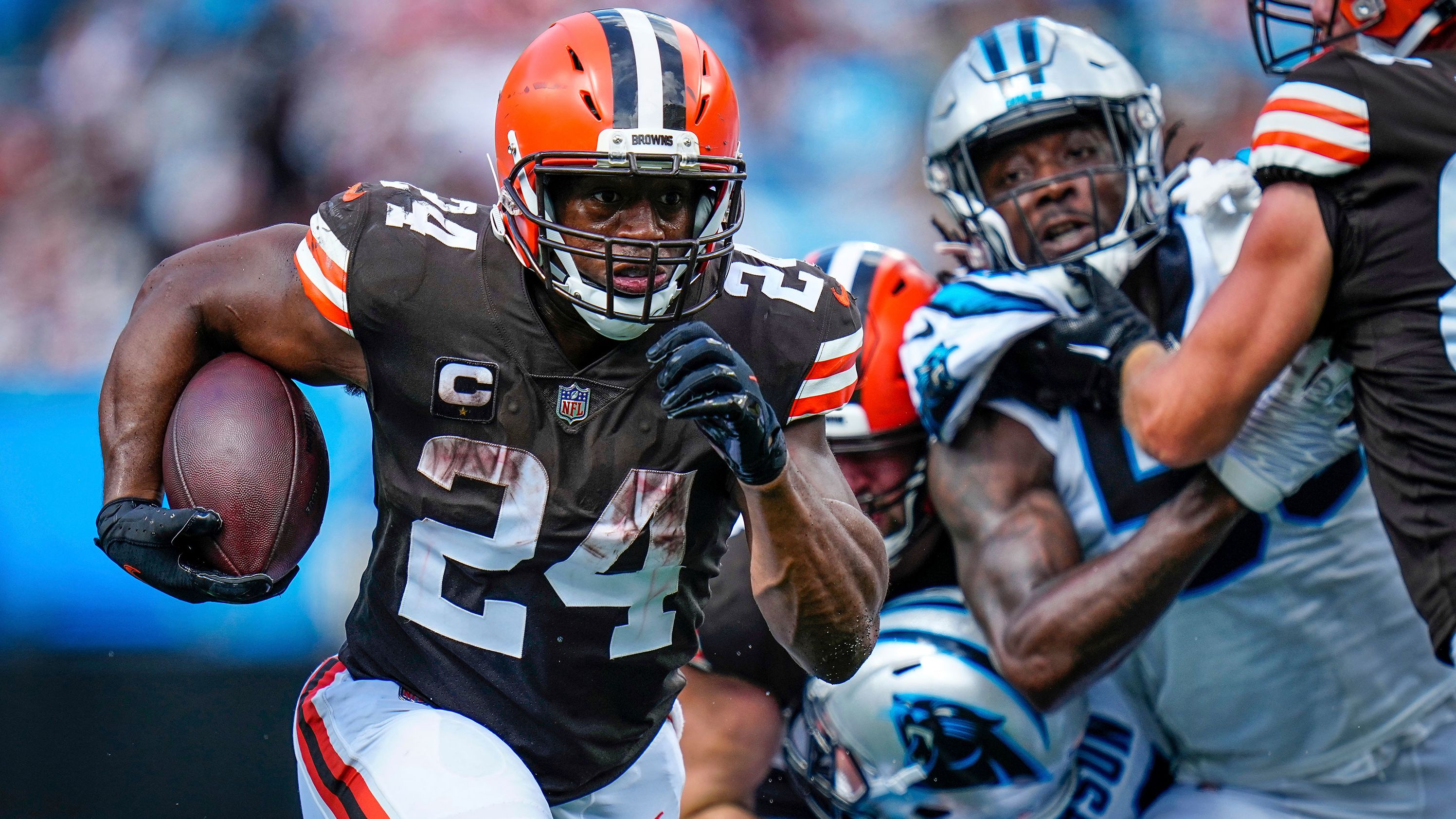 Cleveland Browns running back Nick Chubb makes a run in the red zone against the Carolina Panthers on September 11 in Charlotte, North Carolina. Chubb had 141 yards on 22 carries in a tight 26-24 win for the Browns.