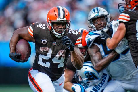 Cleveland Browns running back Nick Chubb (24) runs in the red zone against the Carolina Panthers September 11 in Charlotte, North Carolina.  Chubb had 141 yards on 22 carries in a narrow 26-24 win for the Browns.