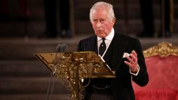 Britain's King Charles makes an address at Westminster Hall, following the death of Britain's Queen Elizabeth, in London, Britain, September 12, 2022. REUTERS/Henry Nicholls/Pool