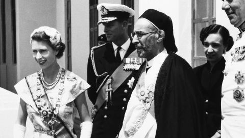 Libya's King Idriss with Queen Elizabeth II on her visit to Tobruk, Libya in 1954. It was the Queen's first state visit to an Arab country.