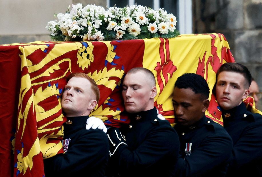 The Queen's coffin arrives at the Palace of Holyroodhouse in Edinburgh on September 11.